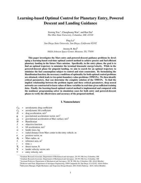 Pdf Learning Based Optimal Control For Planetary Entry Powered