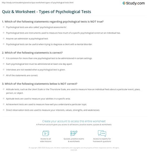 Quiz And Worksheet Types Of Psychological Tests