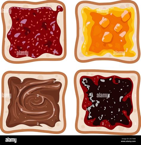 Vector Set Of White Toast Bread Slices With Fruit Jam And Chocolate