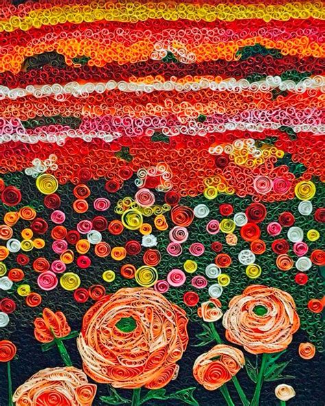 Rannucula Flower Field Mosaic Quilled Digital Art Peach Flower