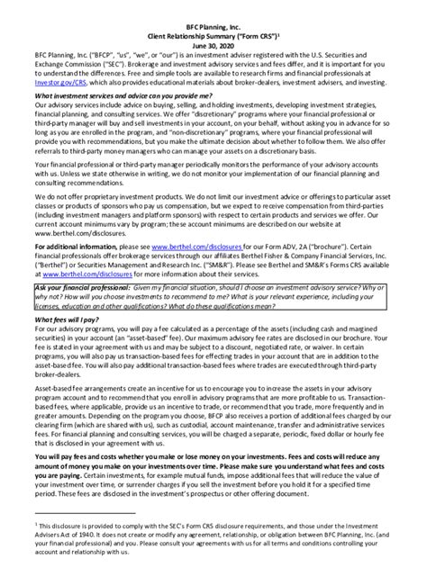 Fillable Online Bfc Planning Inc Client Relationship Summary Form