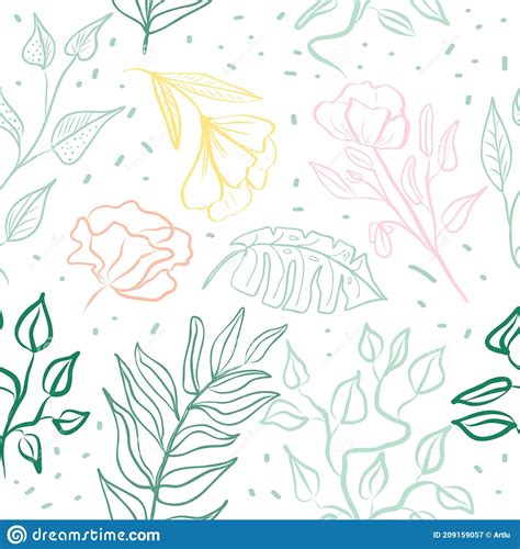 Seamless Pattern Of Hand Draw Tropical Leaves And Flowers Stock Vector