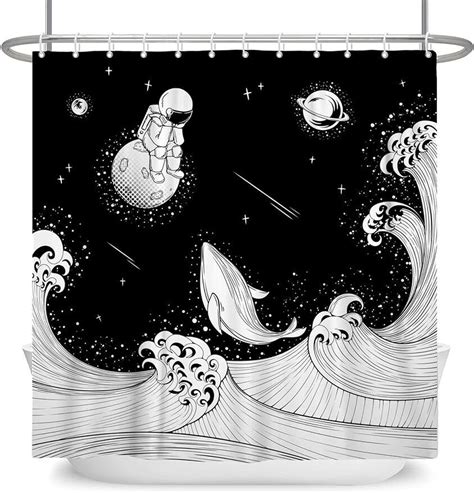 Gusseak Space Galaxy Ocean Wave Shower Curtain Astronaut Whale Moon