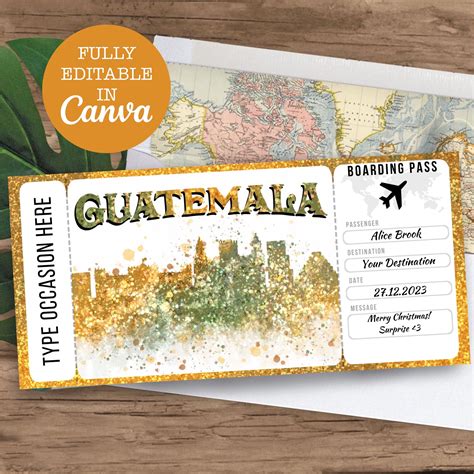 Guatemala Boarding Pass Surprise Editable Flight Ticket Gift Guatemala