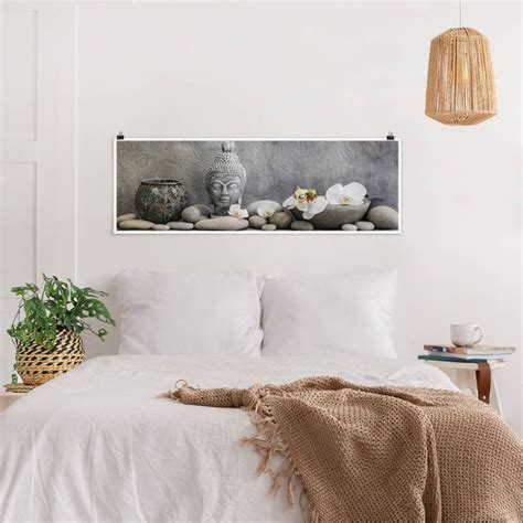 Zen Buddha Mit Wei En Orchideen Poster Im Panoramaformat Bilderwelten