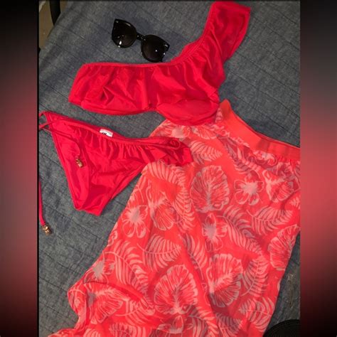 H M Swim Hm Piece Coral Ruffle Bikini Skirt Set Poshmark