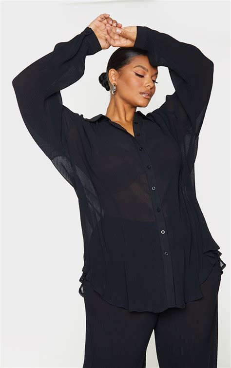 Plus Black Plisse Oversized Shirt Plus Size Prettylittlething