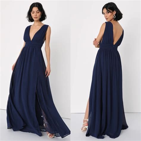 Lulus Dresses Navy Blue Chiffon Vneck Bridesmaid Maxi Dress Poshmark