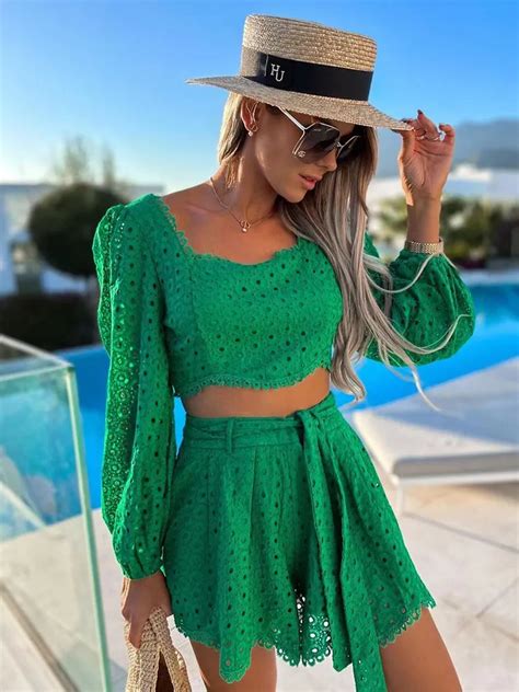 Two Piece Sets Women Spring Shorts Sets Square Collar Puff Long Sleeve