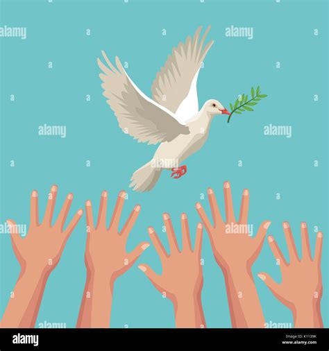 Color Poster Hands And Pigeon Peace Symbol With Olive Branch In Peak