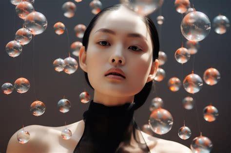 Premium Photo Bubble Elegance Asian Model Poses Gracefully Surrounded