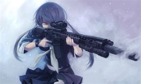 Black Haired Girl Anime Character Holding Rifle With Scope Illustration