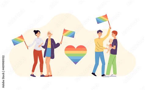 Homosexual And Lesbian Couples With LGBT Symbols Vector Illustration Isolated Stock Vector