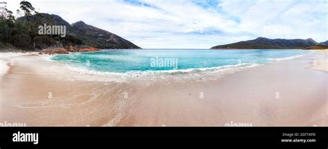 Panorama Of White Sands And Pristine Waters On Wineglass Bay Beach Of Tasmanian Freycinet