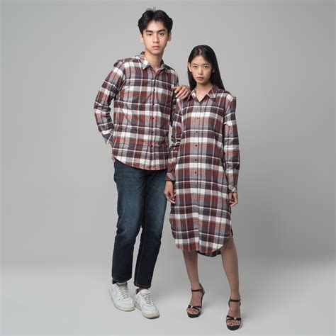 Jual Benhill Kemeja Tunik Couple Flannel Kotak Maroon