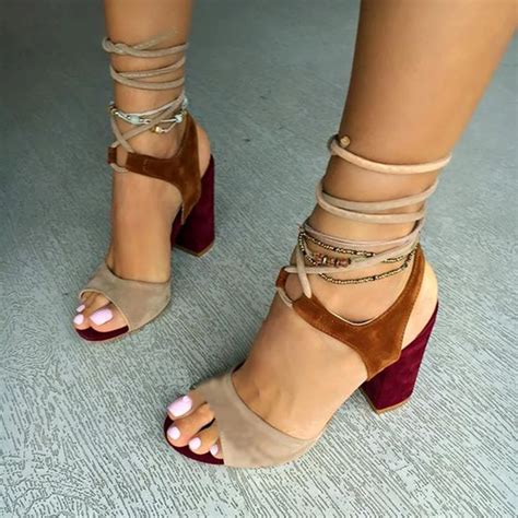 Women Patchwork Ankle Lace Up Cross Tied Sandals High Heel Open Toe