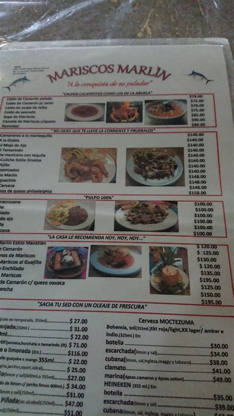 Carta del restaurante Mariscos Marlín San Miguel Zinacantepec