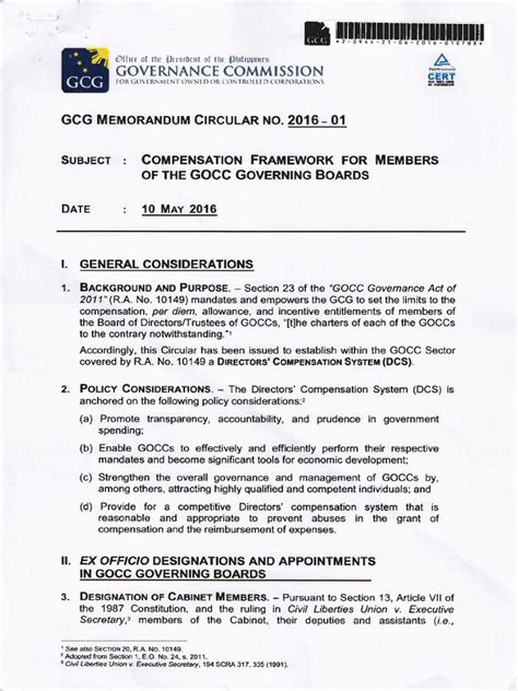 GCG MC 2016-01, Compensation Framework For Members of The GOCC ... 