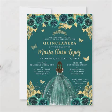 Emerald Gold Floral Butterfly Princess Quinceanera Invitation Zazzle