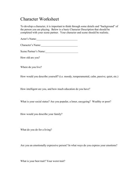 Character Development Worksheet Character Building Activity