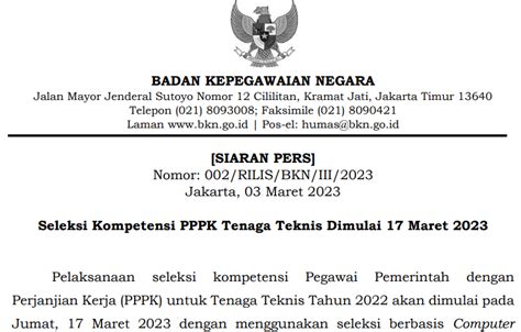 Seleksi Kompetensi Pppk Tenaga Teknis Dimulai Maret Badan