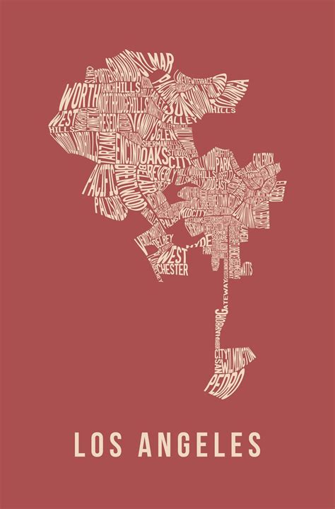 Neighborhoods of Los Angeles Map - (Tan & Red Print) | Poster prints ...