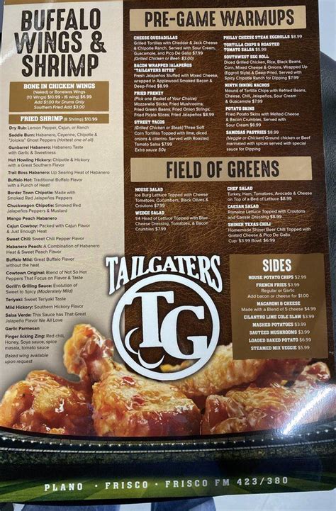 Menu At Tailgaters Sports Bar Grill Frisco Fm Suite