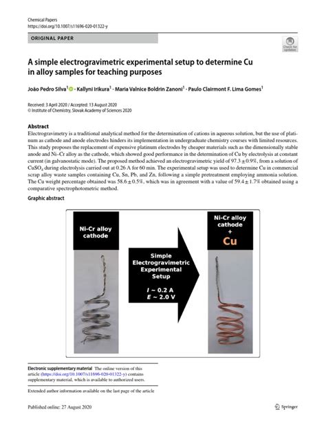 A Simple Electrogravimetric Experimental Setup To Determine Cu in Alloy ...