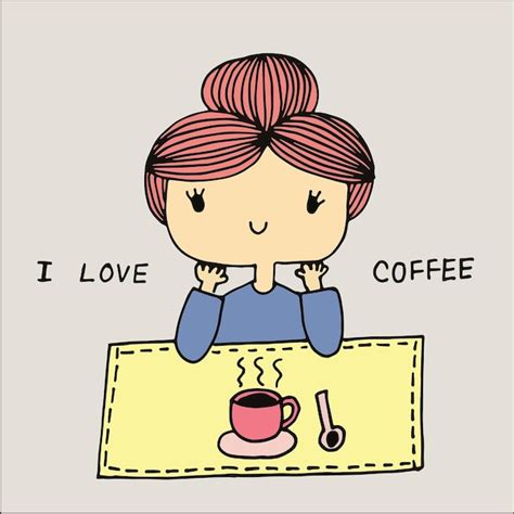 Premium Vector | Cute girl with glass of hot coffee on the table and text I Love Coffee cartoon ...