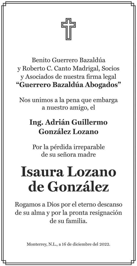 Sra Isaura Lozano de González Obituario Esquela