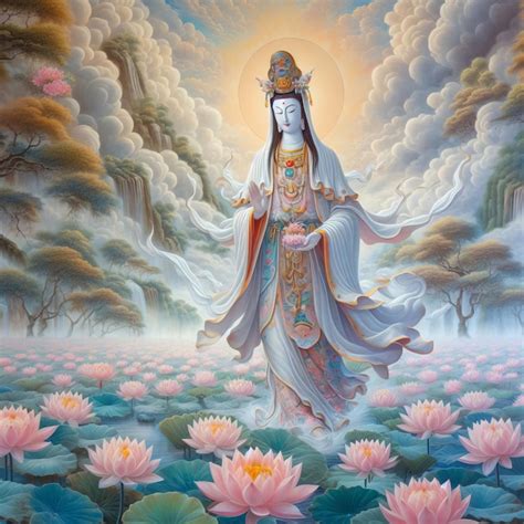 Guan Yin Buddha Statue The Goddess Of Mercy Premium AI Generated Image