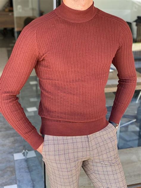 Brown Slim Fit Mock Turtleneck Sweater For Men By GentWith Mock