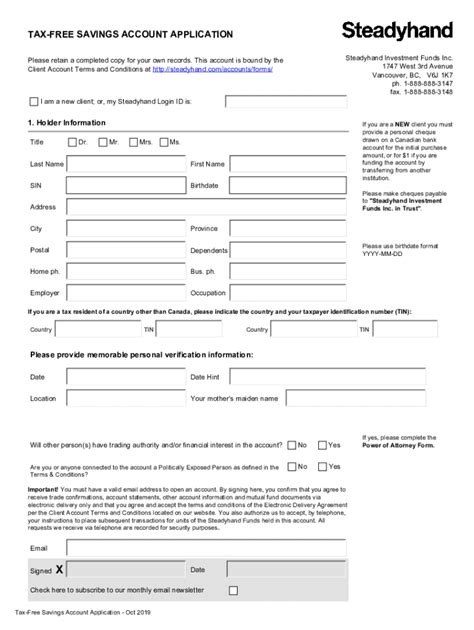 Fillable Online Steadyhand TFSA Application Form Steadyhand TFSA