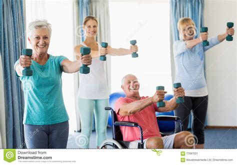 Seniors Exercising with Weights Stock Image - Image of class, four ...