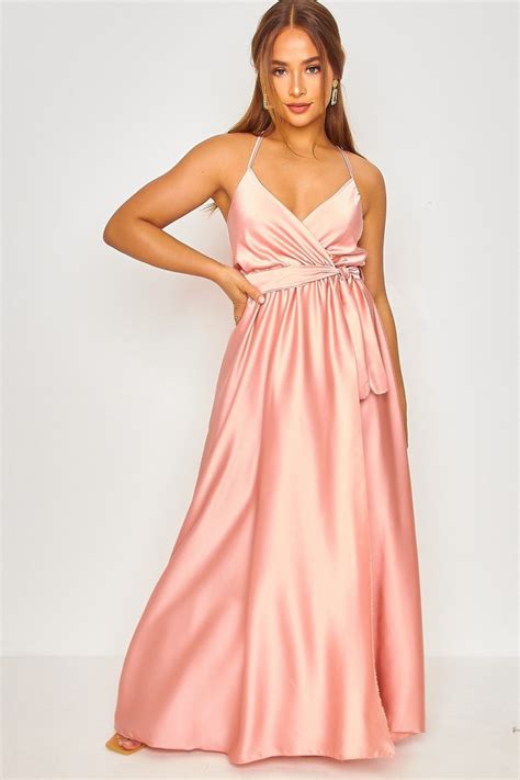 Robe Longue Rose Satiné Ceinturée Brentiny Paris