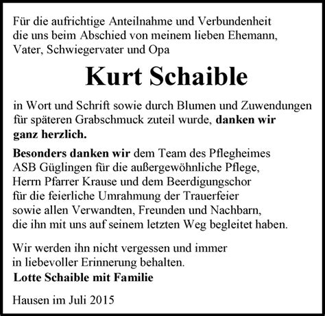 Traueranzeigen Von Kurt Schaible Trauerundgedenken De