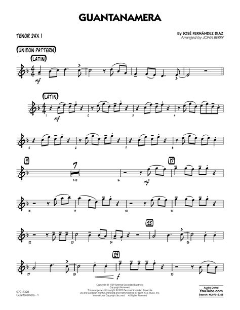 Guantanamera Arr John Berry Tenor Sax 1 Sheet Music José