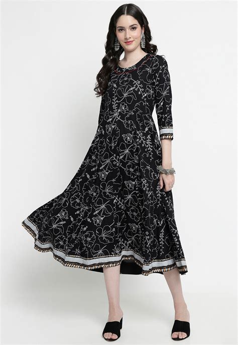 Buy Foil Printed Rayon Aline Kurta In Black Online TJG1142 Utsav