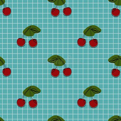 Seamless Pattern With Cherry On Blue Background Continuous One Line