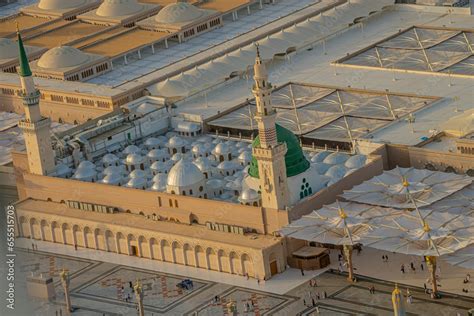 Aerial View Of The Green Dome Holy Prophets Mosque In Madinah Saudi