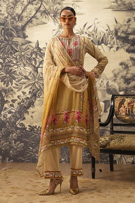 Buy Yellow Crepe Printed And Embroidered Floral Adah Straight Kurta Set