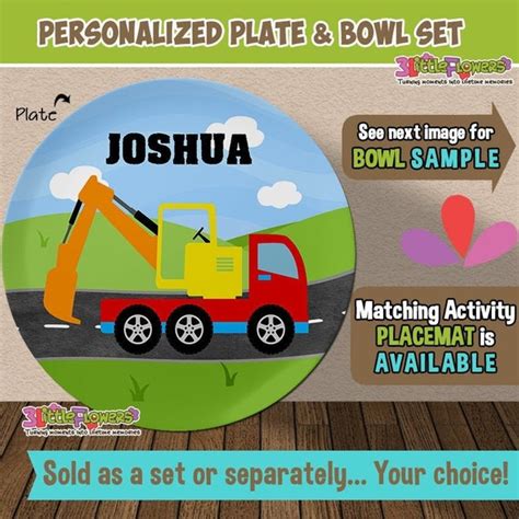 Personalized Digger Truck Plate And Bowl Set Personalized Plastic