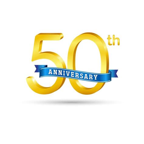 50th Golden Anniversary Logo With Blue Ribbon Isolated On White Background 3d Gold Anniversary