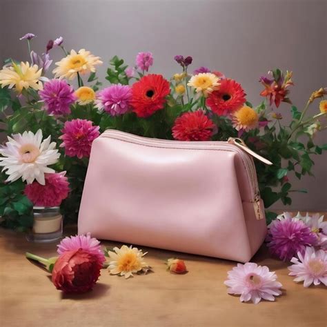 Premium Photo Cosmetic Bag And Flowers Arrangement