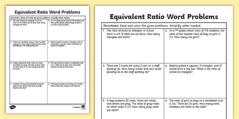 Seventh Grade Equivalent Ratio Word Problems Teacher Made