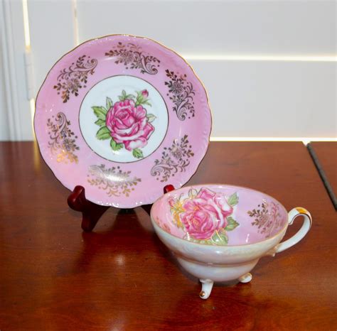 Vintage Royal Halsey Pink Iridescent Teacup And Saucer With Pink Roses