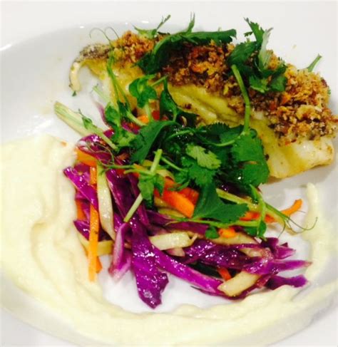 Pistachio Crusted Chilean Sea Bass With Truffled Sunchoke Puree Asian Slaw And Lemongrass