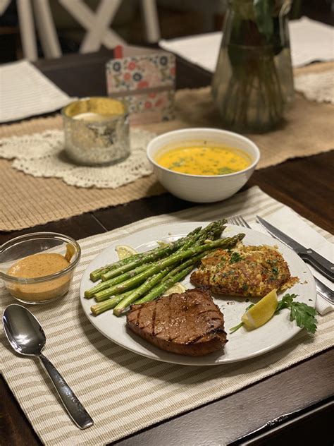 Steak Crab Cakes Lemon Garlic Asparagus And Shrimp Bisque R Ratemyplate