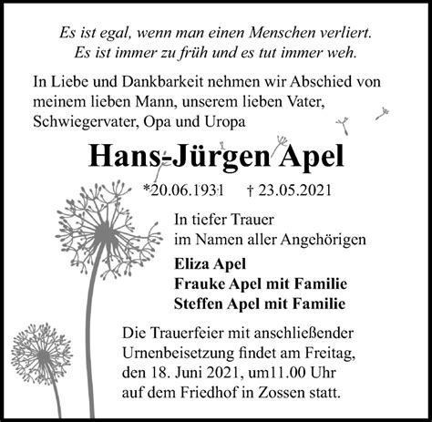 Traueranzeigen Von Hans J Rgen Apel Trauer Anzeigen De