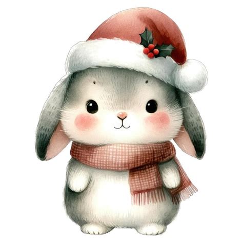 Premium Psd Watercolor Cute Rabbit With Santa Hat And Scarf